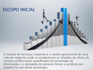 ESCOPO INICIAL
A Central de Serviços e Suporte é o centro operacional de uma
rede de negócios onde se estabelecem as relações de oferta de
serviços proﬁssionais qualiﬁcados de tecnologia da
informação, e a demanda de pessoas físicas e jurídicas por
suporte no uso desta tecnologia.
 