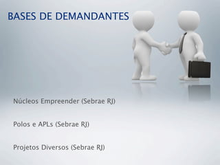 BASES DE DEMANDANTES
Núcleos Empreender (Sebrae RJ)
Polos e APLs (Sebrae RJ)
Projetos Diversos (Sebrae RJ)
 