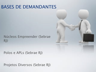 BASES DE DEMANDANTES




Núcleos Empreender (Sebrae
RJ)


Polos e APLs (Sebrae RJ)


Projetos Diversos (Sebrae RJ)
 