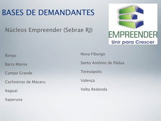 BASES DE DEMANDANTES

Núcleos Empreender (Sebrae RJ)



Bangu                    Nova Fiburgo

Barra Mansa              Santo Antônio de Pádua

Campo Grande             Teresópolis

Cachoeiras de Macacu     Valença

Itaguaí                  Volta Redonda

Itaperuna
 