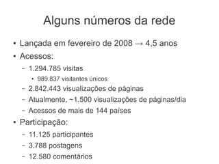 Alguns números da rede
●   Lançada em fevereiro de 2008 → 4,5 anos
●   Acessos:
    –   1.294.785 visitas
        ●   989.837 visitantes únicos
    –   2.842.443 visualizações de páginas
    –   Atualmente, ~1.500 visualizações de páginas/dia
    –   Acessos de mais de 144 países
●   Participação:
    –   11.125 participantes
    –   3.788 postagens
    –   12.580 comentários
 