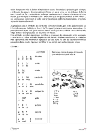 3M1U5T6
todos avançassem. Para os alunos de hipótese de escrita não-alfabética propunha, por exemplo,
a ordenação das palavras de uma música conhecida em que a tarefa era ler, ainda que de forma
não convencional. Para os demais, ora pedia que montassem um trecho da música com as letras
móveis, que entregava na medida exata – explicando que não poderiam faltar e nem sobrar –,
ora solicitava que escrevessem o texto; essa tarefa colocava problemas relacionados a ortografia,
segmentação das palavras etc.
As propostas para as atividades de escrita não eram diferenciadas, pois todos podiam realizá-las
independentemente da hipótese de escrita.Tinha preocupação em aproximar as condições de
produção das situações reais que acontecem fora da escola, procurando deixar claro o destinatário,
o tipo de texto a ser produzido e o assunto a ser tratado.
Essas atividades permitiam à professora identificar os progressos das crianças, não sendo necessário,
a partir de então, realizar atividades diagnósticas mais formais. Arquivou, mensalmente, as produções
mais significativas para documentar o processo de cada aluno. No caso de Maiara selecionou as
produções abaixo e nelas é possível identificar o seu avanço, num curto espaço de tempo.
Escrita 3
Escreva o nome de cada brinquedo
que o Luiz usa para brincar.
Abril/1999
I C E A bicicleta
bi ci cle ta
A I O avião
a vi ão
A OU dado
da do
K I AO caminhão
ca mi nhão
A V I O cavalinho
ca va li nho
K A V O catavento
ca ta ven to
I AUA pião
pi ão
P E K peteca
pe te ca
Q N A caneta
ca ne ta
E Q I esqueiti
es quei ti
 