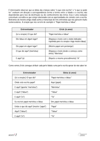 É interessante observar que as idéias das crianças sobre "o que está escrito" e "o que se pode
ler" evoluem em direção à correspondência termo a termo entre o falado e o escrito, não
dependendo para isso da decifração ou do conhecimento das letras. Essa é uma evolução
conceitual e acredita-se que esteja relacionada com as oportunidades de contato com a escrita.
Retiramos do mesmo artigo citado acima a transcrição de três entrevistas que nos parecem muito
esclarecedoras. A oração que nos servirá de exemplo é: "Papai martelou a tábua".
Entrevistador Erick (6 anos)
(Lê a oração.) O que diz? "Papai martelou a tábua"
Diz tábua em algum lugar? (Repassa o texto com o dedo indicador,
repetindo para si a oração e logo mostra tábua)
Diz papai em algum lugar? (Mostra papai sem pestanejar)
O que diz aqui? (martelou) (Repassa o texto desde o começo, como
antes) "Martelou"
E aqui? (a) (Repete o mesmo procedimento) "A"
Como vemos, Erick consegue atribuir cada parte falada a uma parte escrita apesar de não saber ler.
Entrevistador Silvia (6 anos)
(Lê a oração.) O que diz? "Papai martelou a tábua."
Onde está escrito papai? Aqui (papai).
E aqui? (aponta "martelou") "Martelou"
E aqui? ("tábua") "Tábua"
E aqui? ("a") "Tá"
Eu escrevi: papai martelou a tábua. Sim, papai martelou a tábua.
Então o que diz aqui? (mostra "papai") "Papai"
Aqui? ("tábua") "Tábua"
E aqui? ("a") "Tá"
2M1U6T5
 