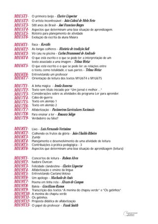 O primeiro beijo - Clarice Lispector
O artista inconfessável - João Cabral de Melo Neto
500 anos de Brasil - José Francisco Borges
Aspectos que determinam uma boa situação de aprendizagem.
Roteiro para planejamento de atividade
Evolução da escrita da aluna Maiara
Ítaca - Kaváfis
As longas colheres - História de tradição Sufi
Vó caiu na piscina - Carlos Drummond de Andrade
O que está escrito e o que se pode ler: a interpretação de um
texto associado a uma imagem - Telma Weisz
O que está escrito e o que se pode ler: as relações entre
o texto, como totalidade, e suas partes - Telma Weisz
Entrevistando um professor
Orientação de leitura dos textos M1U6T4 e M1U6T5
A linha mágica - lenda francesa
Texto sem título iniciado por “Um jornal é melhor…”
Considerações sobre as atividades do programa Ler para aprender.
Cabo-de-guerra
Texto em alemão 1
Texto em alemão 2
Alfabetização - Parâmetros Curriculares Nacionais
Para ensinar a ler - Rosaura Soligo
Verdadeiro ou falso?
Lixo - Luís Fernando Veríssimo
Colhendo os frutos da glória - João Ubaldo Ribeiro
Zumbi
Planejamento e desenvolvimento de uma atividade de leitura
Contribuições à prática pedagógica - 3
Aspectos que determinam uma boa situação de aprendizagem (leitura)
Concertos de leitura - Rubem Alves
Isadora Duncan
Felicidade clandestina - Clarice Lispector
Alfabetização e ensino da língua
Entrevistando Caetano Veloso
Um apólogo - Machado de Assis
Poema em linha reta - Álvaro de Campos
Baleia - Graciliano Ramos
Transcrição dos textos “A menina do chapéu verde” e “Os gatinhos”
A menina do chapéu verde
Os gatinhos
Proposta didática de alfabetização
O papel do professor - Frank Smith
M1U5T1-
M1U5T2-
M1U5T3-
M1U5T4-
M1U5T5-
M1U5T6-
M1U6T1-
M1U6T2-
M1U6T3-
M1U6T4-
M1U6T5-
M1U6T6-
M1U6T7-
M1U7T1-
M1U7T2-
M1U7T3-
M1U7T4-
M1U7T5-
M1U7T6-
M1U7T7-
M1U7T8-
M1U7T9-
M1U8T1-
M1U8T2-
M1U8T4-
M1U8T5-
M1U8T6-
M1U9T1-
M1U9T2-
M1U9T3-
M1U9T4-
M1U9T5-
M1U9T6-
M1U9T7-
M1U9T8-
M1U9T9-
M1U9T10-
M1U9T11-
M1U9T12-
M1U9T13-
M1U8T3-
 