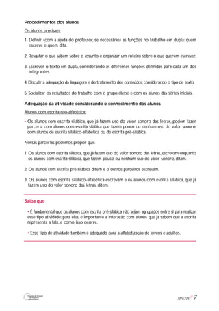 7M1U3T11
Procedimentos dos alunos
Os alunos precisam:
1. Definir (com a ajuda do professor, se necessário) as funções no trabalho em dupla: quem
escreve e quem dita.
2. Resgatar o que sabem sobre o assunto e organizar um roteiro sobre o que querem escrever.
3. Escrever o texto em dupla, considerando as diferentes funções definidas para cada um dos
integrantes.
4. Discutir a adequação da linguagem e do tratamento dos conteúdos, considerando o tipo de texto.
5. Socializar os resultados do trabalho com o grupo classe e com os alunos das séries iniciais.
Adequação da atividade considerando o conhecimento dos alunos
Alunos com escrita não-alfabética:
• Os alunos com escrita silábica, que já fazem uso do valor sonoro das letras, podem fazer
parceria com alunos com escrita silábica que fazem pouco ou nenhum uso do valor sonoro,
com alunos de escrita silábico-alfabética ou de escrita pré-silábica.
Nessas parcerias podemos propor que:
1. Os alunos com escrita silábica, que já fazem uso do valor sonoro das letras, escrevam enquanto
os alunos com escrita silábica, que fazem pouco ou nenhum uso do valor sonoro, ditam.
2. Os alunos com escrita pré-silábica ditem e o outros parceiros escrevam.
3. Os alunos com escrita silábico-alfabética escrevam e os alunos com escrita silábica, que já
fazem uso do valor sonoro das letras, ditem.
Saiba que
• É fundamental que os alunos com escrita pré-silábica não sejam agrupados entre si para realizar
esse tipo atividade: para eles, é importante a interação com alunos que já sabem que a escrita
representa a fala, e como isso ocorre.
• Esse tipo de atividade também é adequado para a alfabetização de jovens e adultos.
 
