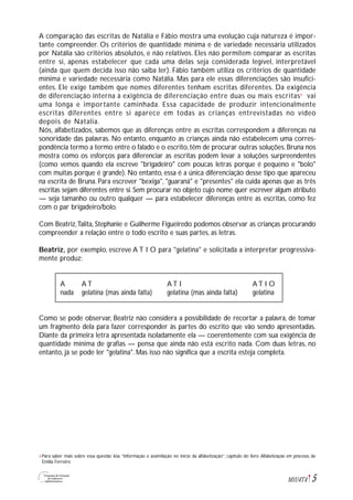 5M1U4T4
A comparação das escritas de Natália e Fábio mostra uma evolução cuja natureza é impor-
tante compreender. Os critérios de quantidade mínima e de variedade necessária utilizados
por Natália são critérios absolutos, e não relativos. Eles não permitem comparar as escritas
entre si, apenas estabelecer que cada uma delas seja considerada legível, interpretável
(ainda que quem decida isso não saiba ler). Fábio também utiliza os critérios de quantidade
mínima e variedade necessária como Natália. Mas para ele essas diferenciações são insufici-
entes. Ele exige também que nomes diferentes tenham escritas diferentes. Da exigência
de diferenciação interna à exigência de diferenciação entre duas ou mais escritas6
vai
uma longa e importante caminhada. Essa capacidade de produzir intencionalmente
escritas diferentes entre si aparece em todas as crianças entrevistadas no vídeo
depois de Natalia.
Nós, alfabetizados, sabemos que as diferenças entre as escritas correspondem a diferenças na
sonoridade das palavras. No entanto, enquanto as crianças ainda não estabelecem uma corres-
pondência termo a termo entre o falado e o escrito, têm de procurar outras soluções. Bruna nos
mostra como os esforços para diferenciar as escritas podem levar a soluções surpreendentes
(como vemos quando ela escreve "brigadeiro" com poucas letras porque é pequeno e "bolo"
com muitas porque é grande). No entanto, essa é a única diferenciação desse tipo que apareceu
na escrita de Bruna. Para escrever "bexiga", "guaraná" e "presentes" ela cuida apenas que as três
escritas sejam diferentes entre si. Sem procurar no objeto cujo nome quer escrever algum atributo
— seja tamanho ou outro qualquer — para estabelecer diferenças entre as escritas, como fez
com o par brigadeiro/bolo.
Com Beatriz,Talita, Stephanie e Guilherme Figueiredo podemos observar as crianças procurando
compreender a relação entre o todo escrito e suas partes, as letras.
Beatriz, por exemplo, escreve A T I O para "gelatina" e solicitada a interpretar progressiva-
mente produz:
A A T A T I A T I O
nada gelatina (mas ainda falta) gelatina (mas ainda falta) gelatina
Como se pode observar, Beatriz não considera a possibilidade de recortar a palavra, de tomar
um fragmento dela para fazer corresponder às partes do escrito que vão sendo apresentadas.
Diante da primeira letra apresentada isoladamente ela — coerentemente com sua exigência de
quantidade mínima de grafias — pensa que ainda não está escrito nada. Com duas letras, no
entanto, já se pode ler "gelatina". Mas isso não significa que a escrita esteja completa.
Para saber mais sobre essa questão leia: “Informação e assimilação no início da alfabetização”, capítulo do livro Alfabetização em processo, de
Emilia Ferreiro.
6
 