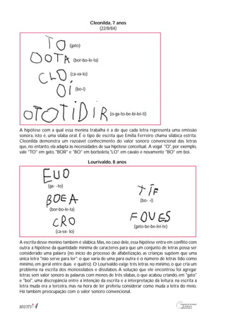 (ca-va- lo)
(bor-bo-le-ta)
Cleonilda, 7 anos
(22/8/84)
A hipótese com a qual essa menina trabalha é a de que cada letra representa uma emissão
sonora, isto é, uma sílaba oral. É o tipo de escrita que Emília Ferreiro chama silábica estrita.
Cleonilda demonstra um razoável conhecimento do valor sonoro convencional das letras
que, no entanto, ela adapta às necessidades de sua hipótese conceitual. A vogal "O", por exemplo,
vale "TO" em gato, "BOR" e "BO" em borboleta,"LO" em cavalo e novamente "BO" em boi.
Lourivaldo, 8 anos
A escrita desse menino também é silábica.Mas,no caso dele,essa hipótese entra em conflito com
outra: a hipótese da quantidade mínima de caracteres para que um conjunto de letras possa ser
considerado uma palavra (no início do processo de alfabetização, as crianças supõem que uma
única letra "não serve para ler"; o que varia de uma para outra é o número de letras tido como
mínimo, em geral entre duas e quatro). O Lourivaldo exige três letras no mínimo, o que cria um
problema na escrita dos monossílabos e dissílabos. A solução que ele encontrou foi agregar
letras sem valor sonoro às palavras com menos de três sílabas, o que acabou criando, em "gato"
e "boi", uma discrepância entre a intenção da escrita e a interpretação da leitura: na escrita a
letra muda era a terceira, mas na hora de ler preferiu considerar como muda a letra do meio.
Há também preocupação com o valor sonoro convencional.
4M1U3T5
(gato)
(bor-bo-le-ta)
(ca-va-lo)
(bo-i)
(o-ga-to-be-bi-lei-ti)
(bo- -i)
(ga- -to)
(gato-be-be-lei-te)
 