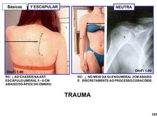 Y ESCAPULAR
RC: AO CHASSIS NAART.
ESCÁPULO UMERAL 5 – 6 CM
ABAIXO DO ÁPICE DO OMBRO.
DfoFi 1.00
NEUTRA
RC: NO MEIO DA GLENOUMERAL 2CM ABAIXO
E DISCRETAMENTE AO PROCESSOCORACÓIDE.
DfoFi 1.00

Básicas
101
TRAUMA
 