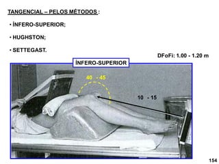 154
TANGENCIAL – PELOS MÉTODOS :
• ÍNFERO-SUPERIOR;
• HUGHSTON;
• SETTEGAST.
ÍNFERO-SUPERIOR
10 - 15
40 - 45
DFoFi: 1.00 - 1.20 m
 