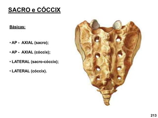 213
SACRO e CÓCCIX
Básicas:
• AP - AXIAL (sacro);
• AP - AXIAL (cóccix);
• LATERAL (sacro-cóccix);
• LATERAL (cóccix).
 