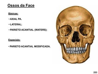 253
Ossos da Face
Básicas:
• LATERAL;
• PARIETO ACANTIAL (WATERS);
• AXIAL PA.
Especiais:
• PARIETO ACANTIAL MODIFICADA.
 