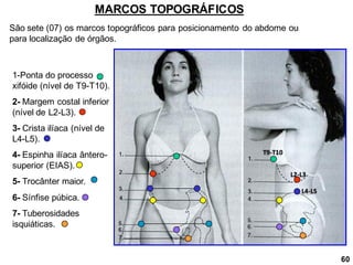 60
MARCOS TOPOGRÁFICOS
1-Ponta do processo
xifóide (nível de T9-T10).
2- Margem costal inferior
(nível de L2-L3).
3- Crista ilíaca (nível de
L4-L5).
4- Espinha ilíaca ântero-
superior (EIAS).
5- Trocânter maior.
6- Sínfise púbica.
7- Tuberosidades
isquiáticas.
São sete (07) os marcos topográficos para posicionamento do abdome ou
para localização de órgãos.
T9-T10
L2-L3
L4-L5
 