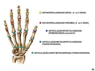 ARTICULAÇÃO CARPO METACARPEANA (TODOS OS DEDOS)
ARTICULAÇÃO METACARPO FALANGEANA
(TODOS OS DEDOS)
ART.INTERFALANGEANA PROXIMAL (2 ao 5 DEDO)
ART.INTERFALANGEANA DISTAL (2 ao 5 DEDO)
ARTICULAÇÃO INTER FALANGEANA
(PRIMEIRO DEDO-somenteIF)
68
 