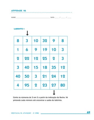 ATIVIDADE  46


                    NOME____________________________________________ DATA______ /______ /______




                          LABIRINTO 1




                    	             8	    3	      10	 32	                9	         8

                    	             1	    6	       9	        19	 10	                3

                    	             2	    22	 12	 25	                    2	         3

                    	             3	    40	 15	 18	 35	 12

                    	 40	 50	                    3	        21	 24	 12

                    	             4	    95	      2	        23	 27	 80

                        Conte os números de 3 em 3 a partir da indicação da flecha. Vá
                        pintando cada número até encontrar a saída do labirinto.




                    coletânea de atividades - 2 a série                                             69


coletanea_2aserie_aluno.indd 69                                                                   2009-10-15 11:59
 