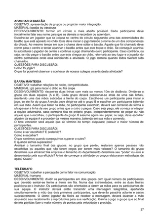 APANHAR O BASTÃO
OBJETIVO: apresentação de grupos ou propiciar maior integração.
MATERIAL: bastão ou vassoura
DESENVOLVIMENTO: formar um círculo o mais aberto possível. Cada participante deve
inicialmente falar seu nome para que os demais o recordam ou aprendam.
Escolhe-se um jogador que se coloca no centro do círculo segurando uma das extremidades do
bastão que está apoiado no chão. Este deve iniciar o jogo falando o nome de um dos componentes
do círculo. Ao mesmo tempo em que o chama deve soltar o bastão. Aquele que foi chamado deve
correr para o centro e tentar apanhar o bastão antes que este toque o chão. Se conseguir apanhá-
lo substituirá o jogador do centro e continua o jogo chamando outro participante. Caso contrário, ou
seja, se não pegar o bastão antes que este chegue ao chão, retornará ao seu lugar e o jogador do
centro permanece onde está reiniciando a atividade. O jogo termina quando todos tiverem sido
chamados.
QUESTÕES PARA DISCUSSÃO:
Como foi jogar?
O que foi possível observar e conhecer de nossos colegas através desta atividade?
BARRA MANTEIGA
OBJETIVO: trabalhar relações de poder, competitividade.
MATERIAL: giz para riscar o chão ou fita crepe
DESENVOLVIMENTO: riscam-se duas linhas com mais ou menos 10m de distância. Divide-se o
grupo em duas equipes (A e B). Cada grupo deverá posicionar-se atrás de uma das linhas,
mantendo uma das mãos esticadas a frente do corpo. Escolhe-se um participante para iniciar o
jogo, se ele for do grupo A então deve dirigir-se até o grupo B e escolher um participante batendo
em sua mão. Assim que bater na mão, do participante escolhido, deverá sair correndo de forma a
ultrapassar a linha de seu grupo antes que o outro o pegue. Caso seja pego, ele começa a integrar
a equipe adversária, caso contrário fica no próprio grupo. Independentemente de pegar ou não
aquele que o escolheu, o participante do grupo B assume agora seu papel, ou seja, deve escolher
alguém da equipe A e proceder da mesma maneira, batendo em sua mão e correndo.
O time vencedor será aquele que ao término do tempo estipulado possuir o maior número de
participantes.
QUESTÕES PARA DISCUSSÃO:
Como é ser escolhido? E preterido?
Como é escolher?
O que sentimos quando conseguimos superar o outro?
E quando somos superados?
Analisar o tamanho final dos grupos: no grupo que perdeu restaram apenas pessoas não
escolhidas ou aqueles que não foram pegos por serem mais velozes? O tamanho do grupo
determina sua eficácia? Na empresa o tamanho do departamento determina seu “poder” ou este é
determinado pela sua eficácia? Antes de começar a atividade os grupos elaboraram estratégias de
ação? Quais?
TELÉGRAFO
OBJETIVO: trabalhar a percepção como fator na comunicação
MATERIAL: humano
DESENVOLVIMENTO: dividir os participantes em dois grupos com igual número de participantes
que deverão sentar-se frente a frente em fila. Numa das extremidades, entre as duas fileiras
posiciona-se o instrutor. Os participantes são orientados a darem as mãos para os participantes de
sua equipe. O instrutor deverá então transmitir uma mensagem telegráfica, apertando
simultaneamente a mão dos dois primeiros participantes, que deverão passá-la adiante e assim
sucessivamente. O último jogador da fileira ao receber a mensagem, deverá levantar a mão
acusando seu recebimento e reproduzi-la para sua verificação. Ganha o jogo o grupo que ao final
de três partidas fizer o maior número de pontos pela velocidade e precisão.
37
 