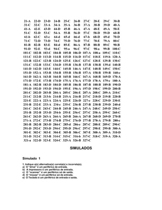 21-A 22-D 23-D 24-B 25-C 26-B 27-C 28-E 29-C 30-B
31-C 32-C 33-A 34-A 35-A 36-B 37-A 38-B 39-D 40-A
41-A 42-E 43-D 44-D 45-B 46-A 47-A 48-E 49-A 50-E
51-C 52-D 53-C 54-A 55-B 56-D 57-C 58-D 59-D 60-B
61-b 62-C 63-c 64-d 65-d 66-d 67-b 68-D 69-d 70-D
71-C 72-D 73-D 74-C 75-D 76-D 77-C 78-E 79-A 80-C
81-B 82-B 83-E 84-d 85-E 86-A 87-B 88-B 89-C 90-B
91-D 92-E 93-d 94-C 95-a 96-C 97-C 98-a 99-B 100-C
101-C 102-B 103-C 104-B 105-B 106-D 107-A 108-a 109-C 110-C
111-C 112-D 113-D 114-B 115-D 116-D 117-C 118-E 119-b 120-A
121-B 122-C 123-B 124-D 125-E 126-C 127-C 128-E 129-B 130-C
131-C 132-B 133-C 134-D 135-B 136-B 137-B 138-B 139-d 140-B
141-D 142-D 143-E 144-C 145-B 146-A 147-E 148-B 149-C 150-C
151-D 152-A 153-B 154-B 155-B 156-B 157-A 158-B 159-B 160-c
161-D 162-A 163-B 164-B 165-B 166-C 167-A 168-B 169-D 170-A
171-D 172-E 173-B 174-D 175-A 176-A 177-D 178-A 179-c 180-A
181-A 182-B 183-D 184-D 185-B 186-B 187-B 188-B 189-B 190-D
191-D 192-D 193-D 194-D 195-E 196-A 197-D 198-C 199-D 200-B
201-C 202-D 203-B 204-A 205-C 206-E 207-A 208-C 209-A 210-C
211-C 212-B 213-b 214-B 215-A 216-B 217-C 218-D 219-B 220-B
221-E 222-A 223-A 224-A 225-E 226-D 227-c 228-C 229-D 230-E
231-B 232-E 233-A 234-c 235-C 236-B 237-B 238-B 239-D 240-d
241-C 242-E 243-C 244-B 245-B 246-A 247-A 248-C 249-D 250-C
251-B 252-B 253-D 254-b 255-E 256-C 257-C 258-A 259-C 260-C
261-C 262-D 263-A 264-A 265-B 266-A 267-B 268-D 269-D 270-B
271-A 272-C 273-B 274-B 275-C 276-D 277-B 278-A 279-B 280-c
281-B 282-B 283-D 284-C 285-d 286-e 287-C 288-E 289-C 290-C
291-D 292-C 293-D 294-C 295-D 296-C 297-C 298-E 299-B 300-A
301-E 302-C 303-E 304-E 305-B 306-C 307-E 308-A 309-A 310-D
311-D 312-C 313-B 314-C 315-C 316-b 317-C 318-C 319-A 320-A
321-a 322-D 323-E 324-C 325-A 326-B 327-C
SIMULADOS
Simulado 1
1. Indique a(s) alternativa(s) correta(s) e incorreta(s).
a) O “drive” é um periférico de entrada.
b) A impressora é um periférico de entrada.
c) O “scanner” é um periférico só de saída.
d) O “mouse” é um periférico só de entrada.
e) O Teclado é um periférico de entrada e saída.
 