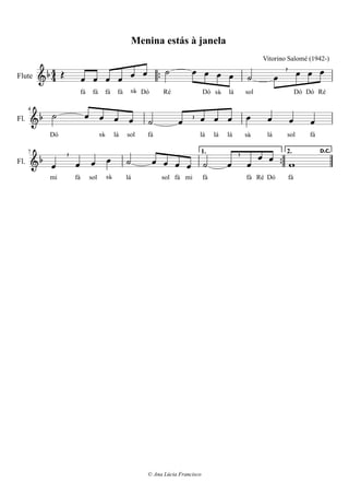 Sol Mi

mi

Ré Mi

sol

Ré MiMi
mi

Ré

sol

si Mi
sol
mi

© Ana Lúcia Francisco
 lá

Ré si
si

lá
sol
Mi

Ré

si

Sol Mi

Mi

Ré
Mi

Ré
14
 
Ré
 
Ré MiMi

 
Rési Mi

  
  
lá sol
 
 
si
 
si
 
Mi Ré
B
 
siRé Ré
   Daniel Alomía Robles (1871-1942)
 
mi

 
mi
sol

 
sol mi
 
 9
lá
 2.

lá si
 
1.
solfá sol
 
[Forma: A1-A2-B-A2-B]
El Condor Pasa (1913)
(Tradicional do Peru)
mi mi
 44
5
Flute
A
 