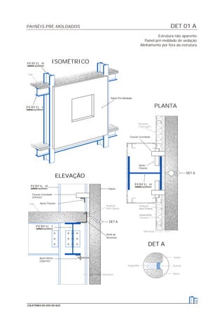 15
COLETÂNEA DO USO DO AÇO
DET 01 APAINÉIS PRÉ-MOLDADOS
Painel
Perfil de
Arremate
Painel Pré-Moldado
ELEVAÇÃO
ISOMÉTRICO
DET A
DET A
PLANTA
Isolamento
Térmico
Tolerância
Vedação
Anti-Chama
Apoio
Fixação
Tolerância
Apoio Móvel
(superior)
Fixação Gravidade
(inferior)
Apoio Fixação
Espaçador
Divisória
("dry-wall")
Fixação Gravidade
Laje
Selante
Painel
Painel
Vedação
Anti-Chama
Laje
DET A
Estrutura não aparente.
Painel pré-moldado de vedação.
Alinhamento por fora da estrutura.
PERFIL H
PERFIL I
PERFIL I
PERFIL H
PERFIL H
 