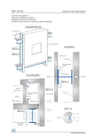 DET 01 B PAINÉIS PRÉ-MOLDADOS
16
COLETÂNEA DO USO DO AÇO
Estrutura não aparente.
Painel pré-moldado de vedação.
Alinhamento por fora da estrutura.
Detalhe de arremate com a cobertura impermeabilizada.
Pingadeira
Tolerância
Vedação
Anti-Chama Tolerância
Vedação
Anti-Chama
Perfil de
Arremate
ELEVAÇÃO
Painel Interno
ISOMÉTRICO
DET A
PLANTA
Apoio Fixação
Fixação Gravidade
(inferior)
Apoio móvel
Fixação Gravidade
(inferior)
Apoio Fixação
DET A
Apoio Móvel
(superior)
Piso
Impermeabilizado
Painel Interno
Laje
DET A DET A
Painel interno
Painel Pré-Moldado
DET A
Painel externo
Painel externo
PERFIL I
PERFIL H
PERFIL H
PERFIL I
PERFIL H
Borracha
Vedação
Painel
Selante
Painel
 