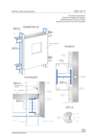 DET 01 CPAINÉIS PRÉ-MOLDADOS
17
COLETÂNEA DO USO DO AÇO
Estrutura não aparente.
Painel pré-moldado de vedação.
Alinhamento por fora da estrutura.
Detalhe de arremate com forro do pilotis.
Forro
Laje
Laje
Borracha
Vedação
Vedação
Anti-Chama
Isolamento
Térmico
Tolerância
Painel
Selante
Painel
Vedação
Anti-Chama
Divisória
("dry-wall")
Junta tratada com selante
Estabilizador
Perfil de
Arremate
ELEVAÇÃO
DET A
PLANTA
Apoio Fixação
Fixação Gravidade
(inferior)
ISOMÉTRICO
DET A
Painel
Fixação
Gravidade
Painel Pré-Moldado
Apoio Fixação
PERFIL H
PERFIL I
PERFIL H
PERFIL H
PERFIL I
 