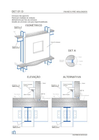 DET 01 D PAINÉIS PRÉ-MOLDADOS
18
COLETÂNEA DO USO DO AÇO
Estrutura não aparente.
Painel pré-moldado de vedação.
Alinhamento por fora da estrutura.
Detalhe de arremate com piso impermeabilizado.
Laje
Borracha
Vedação
Piso
Selante
Painel
Laje
Piso Interno
Piso
Impermeabilizado
Piso
Impermeabilizado
Laje
Piso Interno
Fixação Gravidade
(Inferior)
DET AApoio Fixação
ELEVAÇÃO
Painel
ISOMÉTRICO
ALTERNATIVA
Painel
DET A
Fixação Gravidade
(Inferior)
Apoio Fixação
DET A
Painel Pré-Moldado
PERFIL H
PERFIL I
PERFIL H PERFIL H
PERFIL I PERFIL I
 