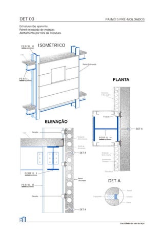 DET 03
20
COLETÂNEA DO USO DO AÇO
Estrutura não aparente.
Painel extrusado de vedação.
Alinhamento por fora da estrutura.
DET A
Espaçador Selante
Painel
Painel
Painel Extrusado
ISOMÉTRICO
Laje
PLANTA
Isolamento
Térmico
Tolerância
Fixação
Divisória
("dry-wall")
Vedação
Anti-Chama
DET A
Vedação
Anti-Chama
Fixação
Fixação
Painel
Extrusado
Laje
Perfil de
Arremate
DET A
DET A
ELEVAÇÃO
PAINÉIS PRÉ-MOLDADOS
PERFIL H
PERFIL I
PERFIL H
PERFIL I
PERFIL H
 