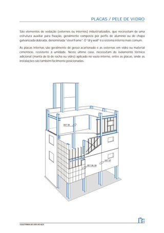 23
COLETÂNEA DO USO DO AÇO
PLACAS / PELE DE VIDRO
São elementos de vedação (externos ou internos) industrializados, que necessitam de uma
estrutura auxiliar para fixação, geralmente composta por perfis de alumínio ou de chapa
galvanizada dobrada, denominada “steel frame”. O “dry wall” é o sistema interno mais comum.
As placas internas são geralmente de gesso acartonado e as externas em vidro ou material
cimentício, resistente à umidade. Neste último caso, necessitam de isolamento térmico
adicional (manta de lã de rocha ou vidro) aplicado no vazio interno, entre as placas, onde as
instalações são também facilmente posicionadas.
DET 06
DET 08, 09
DET 07
 