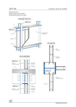 DET 06 PLACAS / PELE DE VIDRO
24
COLETÂNEA DO USO DO AÇO
Divisória interna.
Placas de gesso acartonado.
Alinhamento pela face da viga.
PLANTA
ISOMÉTRICO
Placa de
Gesso Acartonado
ELEVAÇÃO
Montante
(ch. galv.)
Montante
(ch. galv.)
Guia
(ch. galv.)
Guia
(ch. galv.)
Montante
(ch. galv.)
Placa de
Gesso Acartonado
Guia
Montante
Placa de Gesso
Acartonado
Placa de
Gesso Acartonado
Guia
(ch. galv.)
Guia
Montante
(ch. galv.)
Laje
Laje
Isolante
Térmico
Isolamento
Térmico
PERFIL I
PERFIL H
PERFIL H
PERFIL I
PERFIL H
 