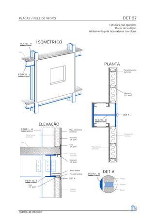 DET 07
25
COLETÂNEA DO USO DO AÇO
Estrutura não aparente.
Placas de vedação.
Alinhamento pela face externa da coluna.
ISOMÉTRICO
DET A
PLANTA
DET A
Placa Cimentícia
(externo)
Montante
(ch. galv.)
ELEVAÇÃO
Placa Cimentícia
(externo)
Montante
(ch. galv.)
Montante
(ch. galv.)
Apoio Auxiliar
Guia
(ch. galv.)
Guia
(ch. galv.)
Placa Cimentícia
DET A Painel
Painel
Selante
Laje
Placa Gesso
(interno)
Laje
Isolante
Térmico
Perfil de
Arremate
Isolamento
Térmico
Placa Gesso
(interno)
PLACAS / PELE DE VIDRO
PERFIL H
PERFIL I
PERFIL H
PERFIL H
PERFIL I
PERFIL H
 