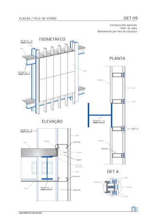 DET 09
27
COLETÂNEA DO USO DO AÇO
PLACAS / PELE DE VIDRO
Estrutura não aparente.
"Pele" de vidro.
Alinhamento por fora da estrutura.
Vidro
Laje
Laje
Selante
Vidro
Vidro
Selante
Rodapé
Forro
Vidro
Vidro
Montante
Junta
Rodapé
Rodapé
Perfil de
Arremate
Suporte
Arremate
Montante
ELEVAÇÃO
ISOMÉTRICO
Montante
DET A
DET A
Arremate
PLANTA
Vidro
PERFIL H
PERFIL I
PERFIL H
PERFIL H
PERFIL I
 