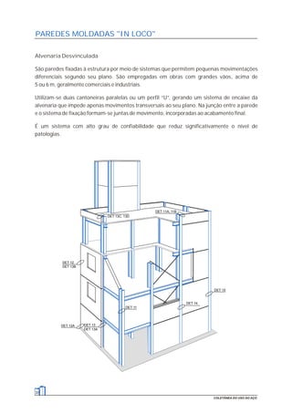 30
COLETÂNEA DO USO DO AÇO
PAREDES MOLDADAS "IN LOCO"
Alvenaria Desvinculada
São paredes fixadas à estrutura por meio de sistemas que permitem pequenas movimentações
diferenciais segundo seu plano. São empregadas em obras com grandes vãos, acima de
5 ou 6 m, geralmente comerciais e industriais.
Utilizam-se duas cantoneiras paralelas ou um perfil “U”, gerando um sistema de encaixe da
alvenaria que impede apenas movimentos transversais ao seu plano. Na junção entre a parede
e o sistema de fixação formam-se juntas de movimento, incorporadas ao acabamento final.
É um sistema com alto grau de confiabilidade que reduz significativamente o nível de
patologias.
DET 12
DET 13B
DET 13
DET 13A
DET 11
DET 15
DET 14
DET 11A, 11B
DET 13C, 13D
DET 12A
 