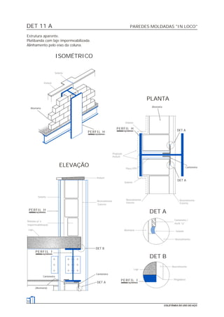 DET 11 A PAREDES MOLDADAS "IN LOCO"
32
COLETÂNEA DO USO DO AÇO
Estrutura aparente.
Platibanda com laje impermeabilizada.
Alinhamento pelo eixo da coluna.
ISOMÉTRICO
Laje
Revestimento
Externo
Peitoril
Alvenaria
Placa EPS
Revestimento
Interno
Selante
Revestimento
Externo
Cantoneira /
Perfil "U"
Selante
Revestimento
Selante
Rebaixo p/ a
Impermeabilização
Peitoril
Selante
Selante
Projeção
Peitoril
Revestimento
Laje
Pingadeira
DET A
PLANTA
ELEVAÇÃO
Cantoneira
DET A
(Alvenaria)
Cantoneira
DET A
Alvenaria
DET A
Cantoneira
Alvenaria
DET B
DET B
PERFIL H
PERFIL H
PERFIL I
PERFIL H
PERFIL I
 