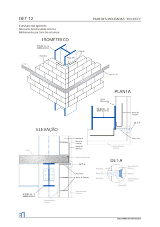 DET 12 PAREDES MOLDADAS "IN LOCO"
34
COLETÂNEA DO USO DO AÇO
DET A
Alvenaria
Fixação
Placa EPS
DET A
Placa EPS
Barra de
Fixação
Junta
Movimento
PLANTA
ISOMÉTRICO
Ver DET A
Alvenaria
Placa EPS Selante
Alvenaria
Espaçador
Revestimento
Externo
Laje
Revestimento
Externo
Revestimento
Externo
ELEVAÇÃO
Alvenaria
Malha de
Reforço
Barra de Fixação
DET A
Barra de
Fixação
Placa EPS
Perfil de Arremate
Revestimento
Externo
Laje
Revestimento
Interno
Estrutura não aparente.
Alvenaria desvinculada externa.
Alinhamento por fora da estrutura.
PERFIL H
PERFIL H
PERFIL I
 