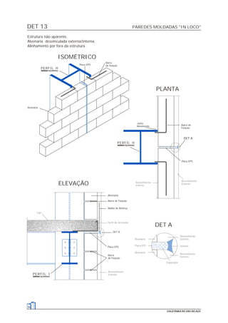 DET 13 PAREDES MOLDADAS "IN LOCO"
36
COLETÂNEA DO USO DO AÇO
Estrutura não aparente.
Alvenaria desvinculada externa/interna.
Alinhamento por fora da estrutura.
DET A
ISOMÉTRICO
ELEVAÇÃO
Barra
de Fixação
Placa EPS
Barra de Fixação
DET A
Malha de Reforço
Alvenaria
DET A
Placa EPS
Barra de
Fixação
Junta
Movimento
PLANTA
Alvenaria
Placa EPS
Barra
de fixação
Revestimento
Externo
Perfil de Arremate
Laje
Alvenaria
Placa EPS Selante
Alvenaria
Espaçador
Revestimento
Externo
Revestimento
Interno
Revestimento
Externo
Revestimento
Externo
PERFIL H
PERFIL H
PERFIL I
 