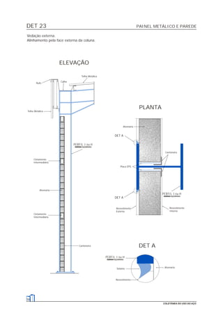DET 23
58
COLETÂNEA DO USO DO AÇO
Vedação externa.
Alinhamento pela face externa da coluna.
DET A
Alvenaria
Alvenaria
Cantoneira
Selante
Revestimento
ELEVAÇÃO
PLANTA
DET A
Alvenaria
Telha Metálica
Telha Metálica
Cintamento
Intermediário
Cintamento
Intermediário
Calha
Rufo
Cantoneira
Placa EPS
Revestimento
Interno
Revestimento
Externo
DET A
PAINEL METÁLICO E PAREDE
PERFIL I ou H
PERFIL I ou H
PERFIL I ou H
 