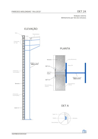 DET 24PAREDES MOLDADAS "IN LOCO"
59
COLETÂNEA DO USO DO AÇO
Vedação externa.
Alinhamento por fora da estrutura.
Cintamento
Intermediário
Cintamento
de Topo
Revestimento
Externo
Revestimento
Interno
Calha
Rufo
Telha Metálica
Junta Movimento
Placa EPS
Cintamento
Intermediário
Revestimento
Selante
Perfil "U"
Alvenaria
Perfil "U"
DET A
Alvenaria
DET A
Perfil "U"
(duplo)
PLANTA
DET A
Alvenaria
ELEVAÇÃO
PERFIL I ou H
PERFIL I ou H
 