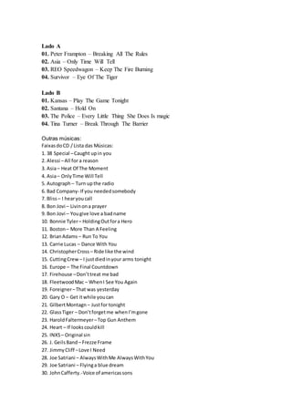 Lado A
01. Peter Frampton – Breaking All The Rules
02. Asia – Only Time Will Tell
03. REO Speedwagon – Keep The Fire Burning
04. Survivor – Eye Of The Tiger
Lado B
01. Kansas – Play The Game Tonight
02. Santana – Hold On
03. The Police – Every Little Thing She Does Is magic
04. Tina Turner – Break Through The Barrier
Outras músicas:
FaixasdoCD /Lista das Músicas:
1. 38 Special –Caught upin you
2. Alessi –All for a reason
3. Asia– Heat Of The Moment
4. Asia– OnlyTime Will Tell
5. Autograph– Turn upthe radio
6. Bad Company- If you neededsomebody
7. Bliss– I hearyoucall
8. Bon Jovi – Livinona prayer
9. Bon Jovi – Yougive love a badname
10. Bonnie Tyler– HoldingOutfora Hero
11. Boston – More Than A Feeling
12. BrianAdams – Run To You
13. Carrie Lucas – Dance With You
14. ChristopherCross – Ride like the wind
15. CuttingCrew – I justdiedinyour arms tonight
16. Europe – The Final Countdown
17. Firehouse –Don’ttreat me bad
18. FleetwoodMac – WhenI See You Again
19. Foreigner–That was yesterday
20. Gary O – Get itwhile youcan
21. GilbertMontagn – Justfor tonight
22. GlassTiger – Don’tforgetme whenI’mgone
23. HaroldFaltermeyer–Top Gun Anthem
24. Heart – If lookscouldkill
25. INXS– Original sin
26. J. GeilsBand– Frezze Frame
27. JimmyCliff –Love I Need
28. Joe Satriani – AlwaysWithMe AlwaysWithYou
29. Joe Satriani – Flyinga blue dream
30. JohnCafferty.-Voice of americassons
 
