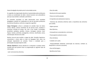 Haverá divulgação do projeto junto à comunidade escolar.                           - Dicas de saúde;

As sugestões da programação deverão ser apresentadas pelos professores             - Receitas de chá caseiro (piolho);
e alunos ao coordenador da rádio e alunos locutores com antecedência
para que seja avaliado e analisado a pertinência.                                  - Postura (a mochila pesada);

Os conteúdos veiculados na rádio denominado como atividades                        - A importância do aleitamento materno;
pedagógicas, poderão ser trabalhados em sala de aula pelos professores             - Vitaminas dos alimentos (informar sobre a importância dos alimentos
das diversas disciplinas, conforme as seguintes sugestões:                         para saúde);
Língua Portuguesa: Leitura e produção de variados tipos de textos:                 - Higiene pessoal;
Contos, fábulas, notícias manchetes do dia (jornais locais, estaduais e
nacionais), previsão do tempo, dia, mês e ano, lendas, curiosidades,               - Boas Maneiras;
provérbios, parábolas, paródias, músicas, mensagens, poesias, trava-
                                                                                   - Consequências e prevenção das verminoses;
línguas, receitas, parlendas, propagandas, anúncios, classificados, avisos,
dramatização, literatura de cordel.                                                - Preservação do ambiente escolar;
Realizar concurso para escolher o slogan da rádio. Variações lingüísticas:         - Dicas de beleza;
conscientizar o aluno sobre os tipos de linguagens bem como sua
utilização dependendo do contexto. Treinar a oralidade para a                      - Cuidados com a pele;
participação da programação de rádio.
                                                                                   - Responsabilidade Ambiental: preservação da natureza, combate ao
Ciências /Química:Os alunos deverão ler e interpretar e produzir textos            desperdício e consumo consciente;
variados para que possam incluir na programação os seguintes tipos de
                                                                                   - Dicas de Reciclagem;
informações:
                                                                                   - Benefícios das frutas;
- valor nutricional dos alimentos;



                                                                              10
 