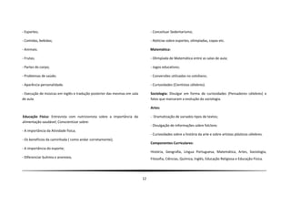 - Esportes;                                                                    - Conceituar Sedentarismo;

- Comidas, bebidas;                                                            - Notícias sobre esportes, olimpíadas, copas etc.

- Animais;                                                                     Matemática:

- Frutas;                                                                      - Olimpíada de Matemática entre as salas de aula;

- Partes do corpo;                                                             - Jogos educativos;

- Problemas de saúde;                                                          - Conversões utilizadas no cotidiano;

- Aparência personalidade.                                                     - Curiosidades (Cientistas célebres).

- Execução de músicas em inglês e tradução posterior das mesmas em sala        Sociologia: Divulgar em forma de curiosidades (Pensadores célebres) e
de aula.                                                                       fatos que marcaram a evolução da sociologia.

                                                                               Artes:

Educação Física: Entrevista com nutricionista sobre a importância da           - Dramatização de variados tipos de textos;
alimentação saudável; Conscientizar sobre:
                                                                               - Divulgação de informações sobre folclore;
- A importância da Atividade física;
                                                                               - Curiosidades sobre a história da arte e sobre artistas plásticos célebres.
- Os benefícios da caminhada ( como andar corretamente);
                                                                               Componentes Curriculares:
- A importância do esporte;
                                                                               História, Geografia, Língua Portuguesa, Matemática, Artes, Sociologia,
- Diferenciar bulimia e anorexia;                                              Filosofia, Ciências, Química, Inglês, Educação Religiosa e Educação Física.




                                                                          12
 