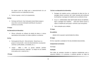 de amparo social da cidade para o desenvolvimento de um                On line e no laboratório de informática
           relatório escrito e um vídeo/fotos da visita.
                                                                                         Postagem do trabalho escrito e publicação do vídeo (on line- as
          Formar os grupos : entre 5 e 6 componentes;                                    postagens devem acontecer até a data marcada pela professora
                                                                                          da Disciplina). A postagem do trabalho será no ambiente virtual.
On line:
                                                                                         Forum 4 : CONHECENDO UMA INSTITUIÇÃO SOCIAL DE AMPARO ;
          Participar do fórum2:: Que instituição visitarei:Neste espaço o                Após a postagem dos trabalhos , cada aluno deverá acessar o
           aluno dirá o nome da instituição escolhida por seu grupo e                     vídeo e o trabalho de outro grupo –comente o que mais gostou:
           justificará sua escolha.
                                                                                         fazer anotações para o debate;
3ª etapa:
                                                                                  5ª etapa:
No laboratório de informática:
                                                                                  No auditório
          Oficina: utilizando um software de edição de vídeos o s alunos
           aprender]ao como produzir um vídeo e publicar no ambiente.                 debate entre os grupos e apresentação dos vídeos;

On line                                                                           6ª etapa:

          Participação do fórum3:: Diário de bordo – Neste forum os              On line: responder a avaliação on line das atividades desenvolvidas.
           grupos se comunicarão: como esta desenvolvendo, sua pesquisa(
                                                                                  Componentes Curriculares:
           comentar as dificuldades, curiosidades, etc...)
                                                                                  Sociologia.
           Espaço : Mãos a obra: os grupos poderão partilhar
           duvidas,questionamentos, sugestões ou etapas de seu trabalho           Avaliação:
           (criar pastas com o material, etc..)
                                                                                  Para efeito de avaliação considere os objetivos estabelecidos para a
4ª etapa                                                                          sequencia didática e os processos e produtos gerados ao longo do


                                                                             15
 