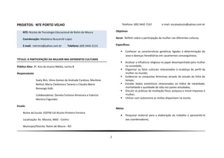 PROJETOS: NTE PORTO VELHO                                                       Telefone: (69) 3442-7167          e-mail: escolaaluizio@yahoo.com.br

    NTE: Núcleo de Tecnologia Educacional de Rolim de Moura                Objetivos

    Coordenação: Madalena Buscarioli Lopes                                 Geral: Refletir sobre a participação da mulher nas diferentes culturas.

    E-mail: ntermro@yahoo.com.br         Telefone: (69) 3442-2115          Específicos:

                                                                                  Conhecer as características genéticas ligadas à determinação do
                                                                                   sexo e doenças hereditárias em casamentos consangüíneos;
TÍTULO: A PARTICIPAÇÃO DA MULHER NAS DIFERENTES CULTURAS
                                                                                  Analisar a influência religiosa no papel desempenhado pela mulher
Público Alvo: 3º. Ano do ensino Médio, turma B                                     na sociedade;
                                                                                  Organizar os fatos culturais relacionados à mudança do perfil da
Responsáveis:                                                                      mulher no mundo;
                                                                                  Evidenciar as conquistas femininas através do estudo da linha do
                Suely Bim, Silvia Gomes de Andrade Cardozo, Marilene               tempo;
                Bettiol, Maria Cledionora Tavares e Claudia Maria                 Estudar dados estatísticos relacionados ao índice de natalidade,
                Bonavigo Kalb.                                                     mortalidade e qualidade de vida nos países estudados;
                                                                                  Discutir as práticas de mutilação física, psíquica e moral impostas à
                Colaboradores: Daniela Fontana Almenara e Fabrício                 mulher;
                Moreira Fagundes                                                  Utilizar com autonomia as mídias disponíveis na escola.

Escola:
                                                                           Metas
    Nome da Escola: EEEFM Cel Aluízio Pinheiro Ferreira
                                                                                  Pesquisar material para a elaboração do trabalho e apresentá-lo
    Localização: Av. Maceió, 4665 - Centro                                         aos coordenadores;

    Município/Distrito: Rolim de Moura - RO


                                                                       2
 