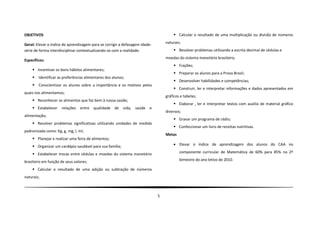 OBJETIVOS                                                                             Calcular o resultado de uma multiplicação ou divisão de números

Geral: Elevar o índice de aprendizagem para se corrigir a defasagem idade-       naturais;
série de forma interdisciplinar contextualizando-se com a realidade.                  Resolver problemas utilizando a escrita decimal de cédulas e
                                                                                 moedas do sistema monetário brasileiro;
Específicos:
                                                                                      Frações;
     Incentivar os bons hábitos alimentares;
                                                                                      Preparar os alunos para a Prova Brasil;
       Identificar as preferências alimentares dos alunos;
                                                                                      Desenvolver habilidades e competências;
       Conscientizar os alunos sobre a importância e os motivos pelos
                                                                                      Construir, ler e interpretar informações e dados apresentados em
quais nos alimentamos;
                                                                                 gráficos e tabelas;
     Reconhecer os alimentos que faz bem à nossa saúde;
                                                                                      Elaborar , ler e Interpretar textos com auxilio de material gráfico
     Estabelecer relações      entre qualidade      de   vida, saúde   e
                                                                                 diversos;
alimentação;
                                                                                      Gravar um programa de rádio;
     Resolver problemas significativas utilizando unidades de medida
                                                                                      Confeccionar um livro de receitas nutritivas.
padronizada como: Kg, g, mg, l, ml;
                                                                                 Metas
     Planejar e realizar uma feira de alimentos;
     Organizar um cardápio saudável para sua família;                                Elevar o índice de aprendizagem dos alunos do CAA no

     Estabelecer trocas entre cédulas e moedas do sistema monetário                     componente curricular de Matemática de 60% para 85% no 2º

brasileiro em função de seus valores;                                                    bimestre do ano letivo de 2010.

     Calcular o resultado de uma adição ou subtração de números
naturais;



                                                                             5
 