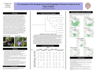 An Examination of the Breeding System and Morphological Characters of Species in the
Genus Triodanis
Colette Berg, Lauren Kawulicz
Dr. Steven J. Franks, Dr. Jenn Weber
Triodanis (Campanulaceae), commonly known as Venus’ Looking Glass,
consists of seven species. The evolutionary relationships, breeding systems and
distinguishing traits of Triodanis have not yet been well described. Plants of genus
Triodanis have an interesting breeding system with two types of flowers:
cleistogamous and chasmogamous. Chasmogamous flowers are open to pollination
by insects and can either outcross or self-fertilize. Cleistogamous flowers remain
closed throughout the season and always self-fertilize. Individual Triodanis plants
can have both cleistogamous and chasmogamous flowers at the same time. However,
it is not yet known how variable species of the genus Triodanis are in regards to
breeding system or morphological traits. The presence of cleistogamy in a genus is
useful for studying the evolutionary and ecological factors important for plant
breeding systems. The New York Botanical Gardens Herbarium has pressed samples
of all seven Triodanis species: T. biflora, T. perfoliata, T. lamprosperma, T.
leptocarpa, T. coloradoensis, T. holzingeri, and T. texana. We collected trait, range,
and phenological data for these species, and on two Triodanis outgroups. This data
provides crucial information on the Triodanis portions of the phylogenetic tree of
Campanulaceae. All of this work is essential to perform phylogenic contrasts among
species, and to inform future studies in our lab in which we will seek to understand
the evolutionary pathways by which cleistogamy may be favored and how it
evolved. Further, these morphology-based trees will be combined with molecular
data to generate the first well-resolved trees of Triodanis.
• We collected data from samples in the New York Botanical Gardens Herbarium.
• We collected from the seven species of the genus Triodanis as well as two
outgroups, Campanula americana and Heterocodon rariflorum.
• Campanula americana is a recent outgroup, while Heterocodon rariflorum is a
more distant outgroup (Wendling, Galbreath, Dechaine , Knapp 2011).
• We took data from each species with a sample size of n ~50 individuals, covering a
broad geographic range.
• The measured traits were petal length, leaf length, leaf width, length of the base of
the capsule to the pore and total length of the capsule. These traits are traditionally
used to distinguish different species in Triodanis, particularly capsule length and
pore location.
• We measured these traits in millimeters using digital calipers.
• We constructed the clade using a program called Mesquite. This program uses the
principle of parsimony to construct the likely evolutionary relationships between
the species. Parsimony assumes the simplest explanation for divergent traits in
organisms which arose in the smallest number of steps.
Members of the genus Triodanis can be found in nearly every state. Texas appears
to be the center of biodiversity. These ranges come from the USDA Plants
Database.
Abstract
Methods
Species Ranges in genus Triodanis
Clade of Genus Triodanis
Gara, Brian, and Gayle Muenchow. "Chasmogamy/Cleistogamy in Triodanis Perfoliata (Campanulaceae):
Some CH/CL Comparisons in Fitness Parameters." American Journal of Botany 77.1 (1990): 1-6. Print.
Maddison, W. P. and D.R. Maddison. 2011. Mesquite: a modular system for evolutionary analysis.Version
2.75 http://mesquiteproject.org
Marcus, Joseph A. Triodanis Biflora. 2003. Lady Bird Johnson Wildflower Center, University of Texas at
Austin. Lady Bird Johnson Wildflower Center Image Gallery. Web. 5 Apr. 2014. <http://www.wildflower.
org/gallery/result.php?id_image=13704>.
Nhon, Crowel and Cellinese. Unpublished. Evolution & biogeography of Triodanis and Legousia
(Bellflowers) in North America and the Mediterranean
Patrick J. Alexander @ USDA-NRCS PLANTS Database
USDA, NRCS. 2014. Range maps from plant profiles of each species in genus Triodanis. The PLANTS
Database. Triodanis. (http://plants.usda.gov, 5 April 2014). National Plant Data Team, Greensboro, NC
27401-4901 USA.
Wendling, Barry M., Kurt E. Galbreath, and Eric G. Dechaine. "Resolving the Evolutionary History of
Campanula (Campanulaceae) in Western North America." Ed. Michael Knapp. PLoS ONE 6.9 (2011):
E23559. Print.
References
Average Trait Values
Franks Lab
Fordham
University
Morphology-based Clade v. Molecular Clade
Our clade is based on morphology; we gathered data about the organism’s phenotype. A molecular clade
would be based on the genotypes of the species. Before biologists had current technology, all cladograms were
morphology-based. Now that researchers can map DNA relatively quickly and inexpensively, many are
constructing molecular cladograms. Distinguishing among species of Triodanis in the field is quite difficult, due
to relatively few morphological differences and potentially substantial hybridization.
A lab group from the University of Florida (Nhon, Crowel and Cellinese) is currently constructing a
molecular cladogram of the genus Triodanis and closely related groups. Our cladogram does not completely
agree with the molecular phylogeny (in progress). This is not surprising, because species of the genus
Triodanis are morphologically very similar and discerning among species can be extremely difficult. The
molecular work of Nohn et al.(pers comm.) suggests a single introduction into North America for Triodanis,
and subsequent diversification into the current species groups. Though the molecular phylogeny revealed
Triodanis to be monophyletic, divergence between some species was very recent (1.42-0.87 mya).
(mm)
Triodanis
biflora
Triodanis
leptocarp
a
Triodanis
perfoliata
Triodanis
coloradoen
sis
Triodanis
texana
Triodanis
lamprosperm
a
Triodanis
holzinger
i
Campanula
americana
Heterocodon
rariflorum
Petal
Length
Average 7.69 6.776 7.96 9.468 8.692 7.711 6.424 12.649 3.563
Standard
Error 0.31184 0.20786 0.26121 1.92918 1.10780 0.28621 0.61812 0.53237 0.17729
Leaf
Length
Average 11.504 18.033 10.997 26.49 14.6935 10.736 12.11 87.67 6.131
Standard
Error 0.49708 0.62516 0.46042 1.13824 1.43565 0.43208 0.56059 5.19714 0.24438
Leaf Width
Average 6.52 3.09 12.169 5.046 8.775 10.252 8.348 31.567 6.135
Standard
Error 0.31123 0.92470 0.44525 0.28880 1.19340 0.60620 0.32222 2.27615 0.31929
Base to
Pore
Length
Average 3.596 2.168 10.09 3.379 4.489 3.261 7.791 0.5
Standard
Error 0.14700 0.10556 0.53280 1.17862 0.27581 0.16864 0.51934 0
Capsule
Length
Average 5.464 11.73 5.13 13.695 5.25 6.73 6.676 11.009 2.729
Standard
Error 0.16749 0.41022 0.15606 0.53787 0.34392 0.36156 0.18778 0.17016 0.09981
Triodanis biflora
Triodanis holzingeri
Triodanis coloradoensis
Triodanis lamprosperma
Triodanis leptocarpa
Triodanis perfoliata
Triodanis texana
Triodanis perfoliata Triodanis biflora
Species
Trait
s
Acknowledgements
Many thanks to Dr. Steve Franks, Dr. Jenn Weber and Beth Ansaldi, and to all the members of the Franks lab
for their collaboration and guidance. Special thanks to Nohn et al. for their personal communication, and to
Stella Sylva and the NYBG Herbarium staff for being helpful and welcoming.
 