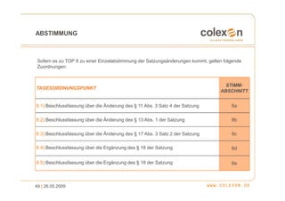 ABSTIMMUNG



 Sofern es zu TOP 8 zu einer Einzelabstimmung der Satzungsänderungen kommt, gelten folgende
 Zuordnungen:


                                                                                   STIMM-
TAGESORDNUNGSPUNKT
                                                                                 ABSCHNITT


8.1) Beschlussfassung über die Änderung des § 11 Abs. 3 Satz 4 der Satzung            8a

8.2) Beschlussfassung über die Änderung des § 13 Abs. 1 der Satzung                   8b

8.3) Beschlussfassung über die Änderung des § 17 Abs. 3 Satz 2 der Satzung            8c

8.4) Beschlussfassung über die Ergänzung des § 18 der Satzung                         8d

8.5) Beschlussfassung über die Ergänzung des § 18 der Satzung                         8e



49 | 26.05.2009
 