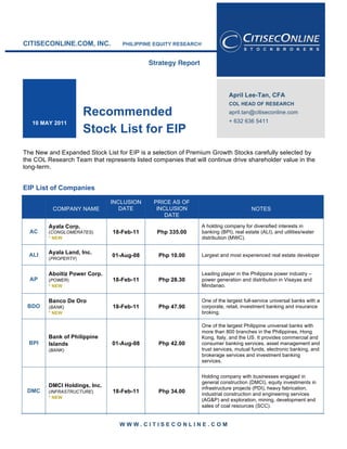  
 



    CITISECONLINE.COM, INC.            PHILIPPINE EQUITY RESEARCH
                                        

                                                Strategy Report



                                                                                April Lee-Tan, CFA
                                                                                COL HEAD OF RESEARCH
                           Recommended                                          april.tan@citiseconline.com
       10 MAY 2011                                                              + 632 636 5411
                           Stock List for EIP
    The New and Expanded Stock List for EIP is a selection of Premium Growth Stocks carefully selected by
    the COL Research Team that represents listed companies that will continue drive shareholder value in the
    long-term.


    EIP List of Companies

                                   INCLUSION      PRICE AS OF
              COMPANY NAME            DATE         INCLUSION                               NOTES
                                                      DATE

             Ayala Corp.                                            A holding company for diversified interests in
      AC     (CONGLOMERATES)       18-Feb-11       Php 335.00       banking (BPI), real estate (ALI), and utilities/water
             * NEW                                                  distribution (MWC).


      ALI    Ayala Land, Inc.
                                   01-Aug-08        Php 10.00       Largest and most experienced real estate developer
             (PROPERTY)


             Aboitiz Power Corp.                                    Leading player in the Philippine power industry –
      AP     (POWER)               18-Feb-11        Php 28.30       power generation and distribution in Visayas and
             * NEW                                                  Mindanao.


             Banco De Oro                                           One of the largest full-service universal banks with a
     BDO     (BANK)                18-Feb-11        Php 47.90       corporate, retail, investment banking and insurance
             * NEW                                                  broking.

                                                                    One of the largest Philippine universal banks with
                                                                    more than 800 branches in the Philippines, Hong
             Bank of Philippine                                     Kong, Italy, and the US. It provides commercial and
      BPI    Islands               01-Aug-08        Php 42.00       consumer banking services, asset management and
             (BANK)                                                 trust services, mutual funds, electronic banking, and
                                                                    brokerage services and investment banking
                                                                    services.


                                                                    Holding company with businesses engaged in
                                                                    general construction (DMCI), equity investments in
             DMCI Holdings, Inc.                                    infrastructure projects (PDI), heavy fabrication,
     DMC     (INFRASTRUCTURE)      18-Feb-11        Php 34.00       industrial construction and engineering services
             * NEW
                                                                    (AG&P) and exploration, mining, development and
                                                                    sales of coal resources (SCC).


                                      WWW.CITISECONLINE.COM
 