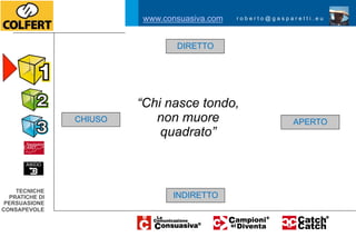 www.consuasiva.com      roberto@gasparetti.eu




                                 DIRETTO




                             A               B
                         “Chi nasce tondo,
                CHIUSO      non muore                         APERTO
                             quadrato”
                                             C



    TECNICHE
  PRATICHE DI                    INDIRETTO
 PERSUASIONE
CONSAPEVOLE
 