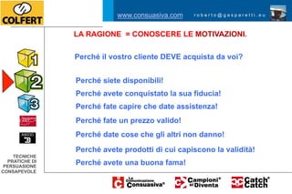 www.consuasiva.com    roberto@gasparetti.eu



                LA RAGIONE = CONOSCERE LE MOTIVAZIONI.

                Perché il vostro cliente DEVE acquista da voi?


                Perché siete disponibili!
                Perché avete conquistato la sua fiducia!
                Perché fate capire che date assistenza!
                Perché fate un prezzo valido!
                Perché date cose che gli altri non danno!
                Perché avete prodotti di cui capiscono la validità!
    TECNICHE
  PRATICHE DI
 PERSUASIONE
                Perché avete una buona fama!
CONSAPEVOLE
 