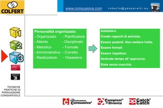 -  Logico         - Concreto    - Visionario         - Innovatore
                                                          Dedicare tempo alle analisi.
                -  Analitico      - Finanziario
                                     www.consuasiva.com far b e r t - Stratega r e t t i . e u
                                                -  Intuitivo r o perdere g a s p a
                                                          Non         o @ tempo.
                -  Costi benefici - Risolutore  -  Esploratore        - Pioniere
                                                          Sottoporre documentazione.
                -  Quantitativo    - Severo     -  Cambiamento - Artista
                                                          Essere concreti ma non stringetelo
                -  Obiettivo       - Preparato  -  Creativo            - Leader
                                                          Fornite documentazioni dettagliate

    SOTTO       Personalità organizzata:                     Adattatevi.
                                                    Personalità emotiva:
                -  Organizzato    - Pianificatore   -  Espressivo rapporti di amicizia.
                                                             Create      - Sensoriale
                -  Attento        - Disciplinato    -  Relazioni         - Religioso
                                                             Essere pazienti. Non mettere fretta.
                -  Metodico       - Formale         -  Interpersonale - Sportivo
                                                             Essere formali
                -  Amministrativo - Corretto        -  Cenestesico rispettosi.
                                                             Essere      - Flessibile
                -  Realizzatore    - Ossessivo      -  Insegnante tempo all approccio.
                                                             Dedicate    - Ascolta

                           TECNICHE                         Siate senza macchia.
                         PRATICHE DI
                        PERSUASIONE
                       CONSAPEVOLE


    TECNICHE
  PRATICHE DI
 PERSUASIONE
CONSAPEVOLE
 