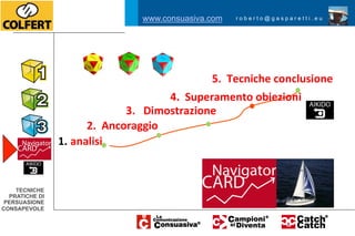 www.consuasiva.com           roberto@gasparetti.eu




                                                                5.	
  	
  Tecniche	
  conclusione	
  
                                     	
  	
            4.	
  	
  Superamento	
  obiezioni	
  
                                     3.	
  	
  	
  Dimostrazione	
  	
  
                       2.	
  	
  Ancoraggio	
  	
  
                1.  analisi	
  


    TECNICHE
  PRATICHE DI
 PERSUASIONE
CONSAPEVOLE
 