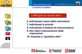 www.consuasiva.com       roberto@gasparetti.eu

                    2 creiamo la matrice



                    le 10 regole per l’ascolto attivo

                6. Individuate il peso delle motivazioni
                7. Individuate le priorità
                8. Individuate il sistema di comunicazione
                9. Non fatevi impressionare dalle
                   impressioni
                10. Imparate a “guardare oltre”

    TECNICHE
  PRATICHE DI
 PERSUASIONE
CONSAPEVOLE
 